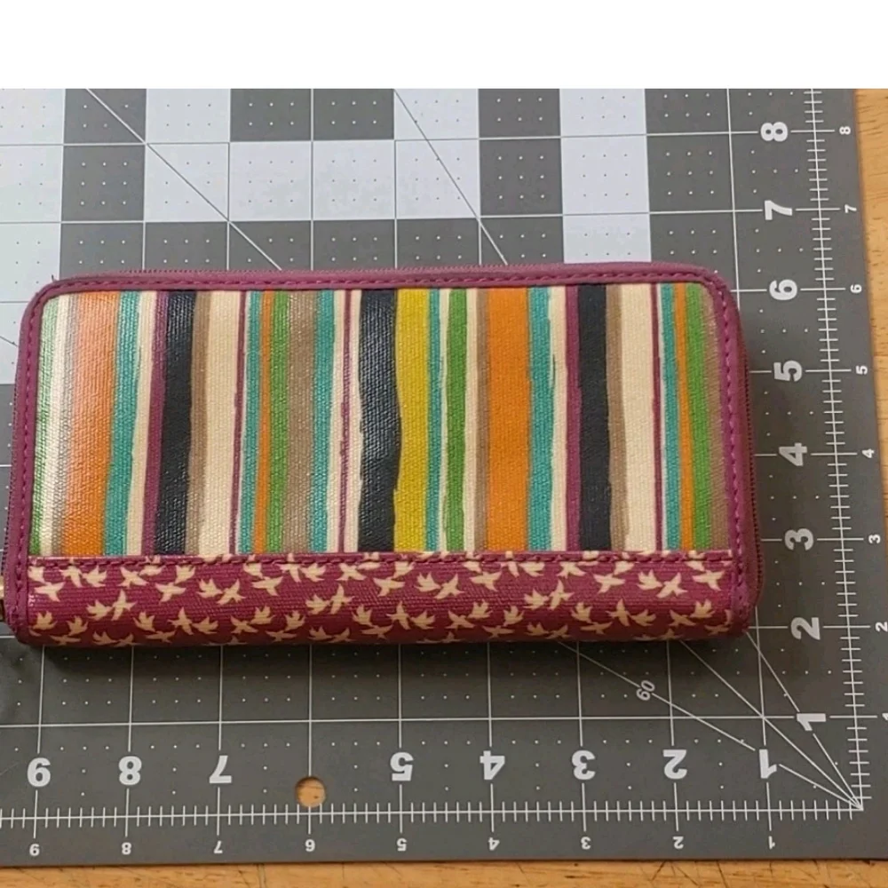 Fossil Key Per Canvas Tote Purse & Wallet Floral Striped Leather Top Handle Bag